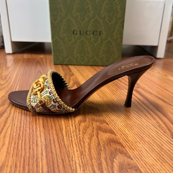 Gucci Brown Woven Jute Horsebit Heels Gold Chain Link Women’s Size 8.5B - Picture 5 of 11